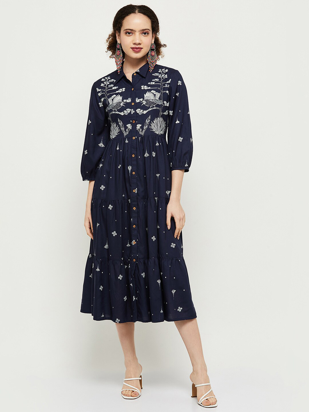 

max Blue Floral Print Shirt Midi Dress, Navy blue