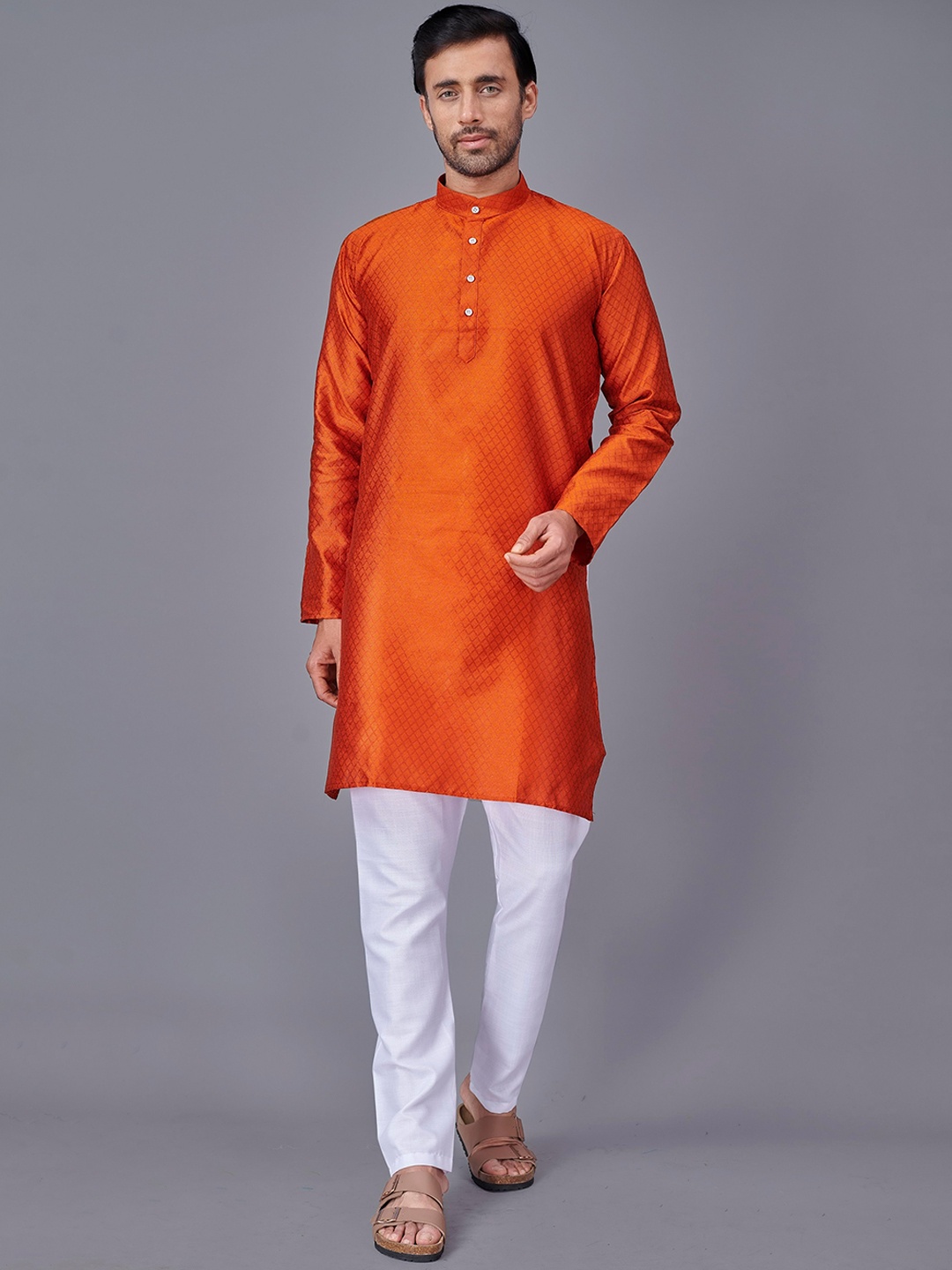 

Fashion FRICKS Men Orange Striped Kurta with Pyjamas