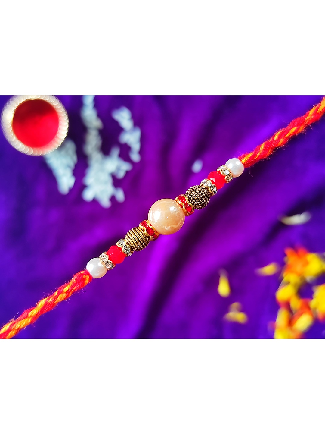 

CRAYTON Red Pearl Beaded Rakhi With Roli Chawal