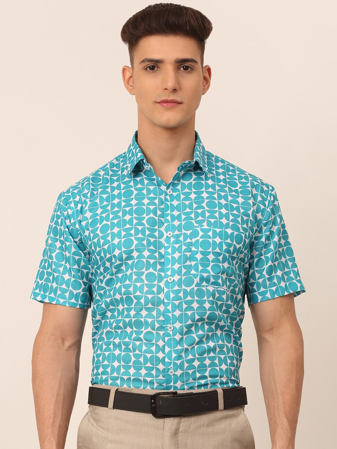 

JAINISH Men Turquoise Blue Classic Geometric Printed Formal Shirt