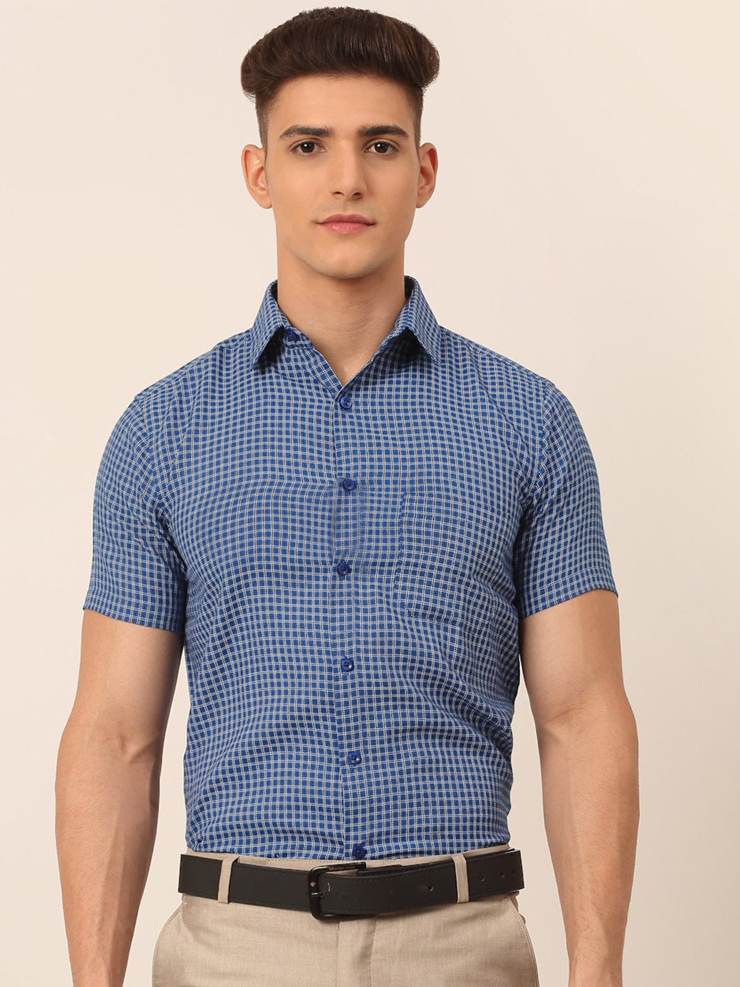 

JAINISH Men Blue Grid Tattersall Checked Cotton Classic Formal Shirt