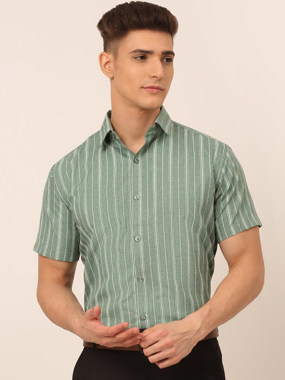 

JAINISH Men Green Striped Cotton Classic Formal Shirt