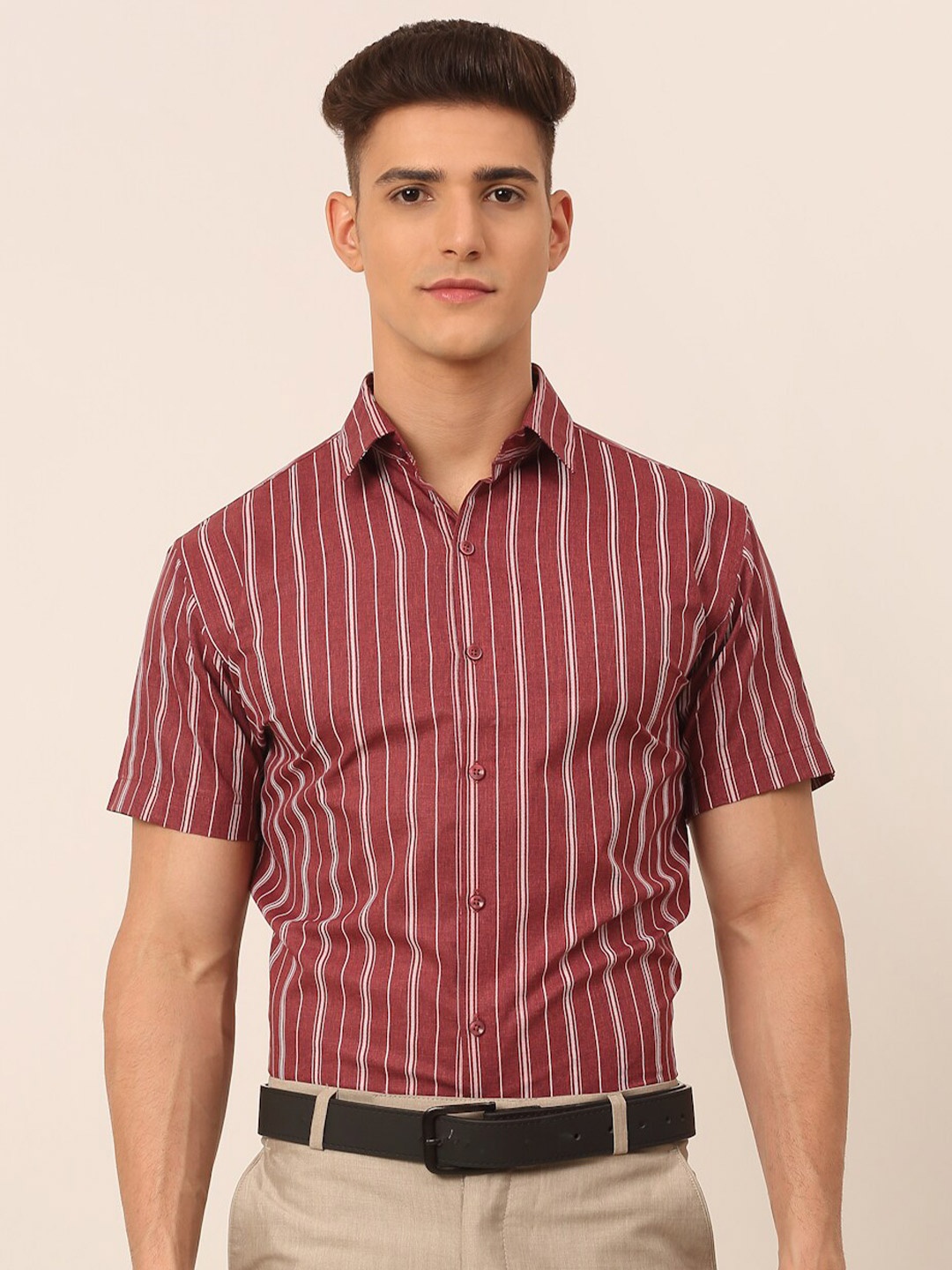 

JAINISH Men Maroon & White Classic Striped Formal Shirt