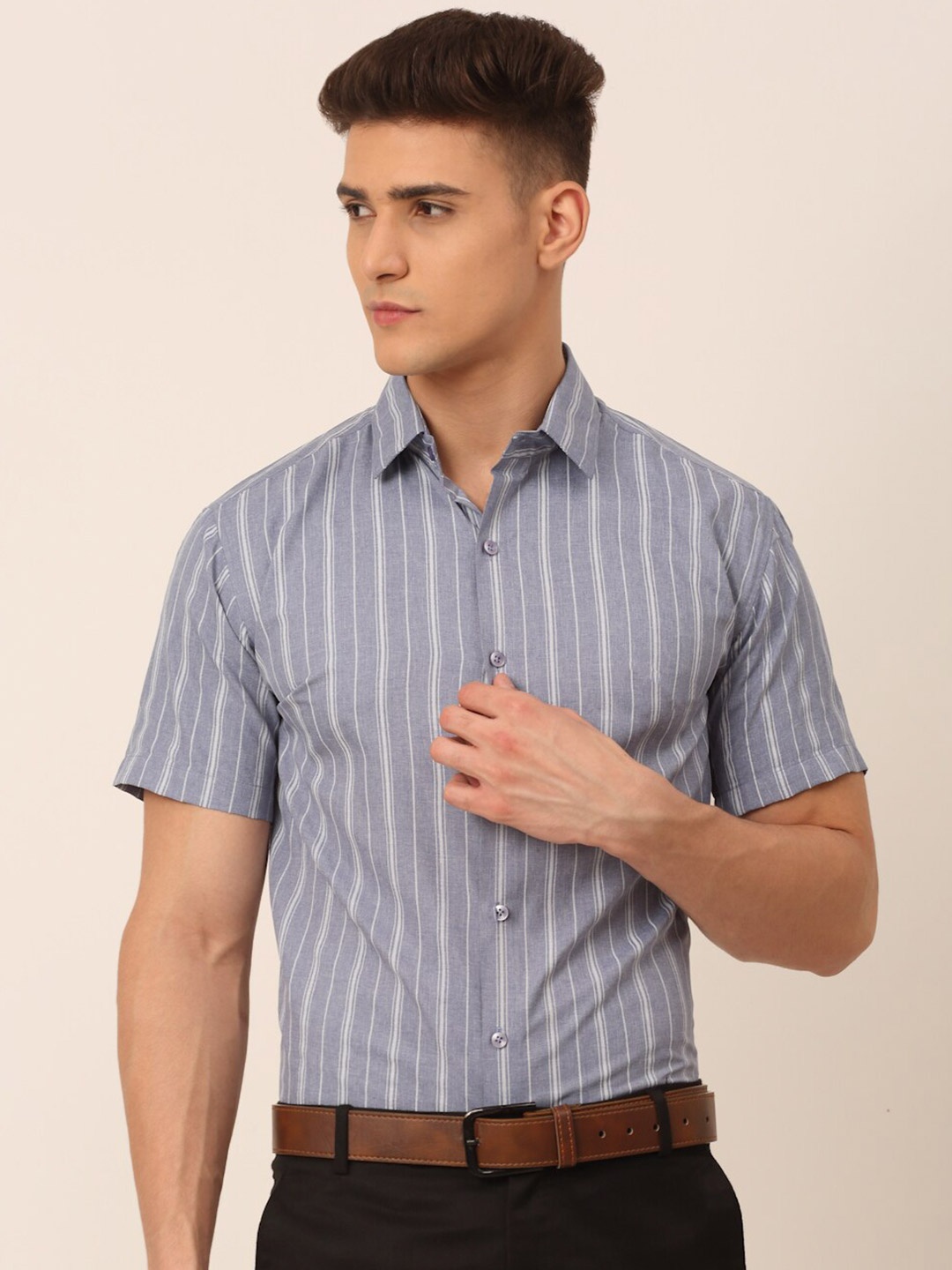 

JAINISH Men Grey & White Classic Striped Formal Shirt