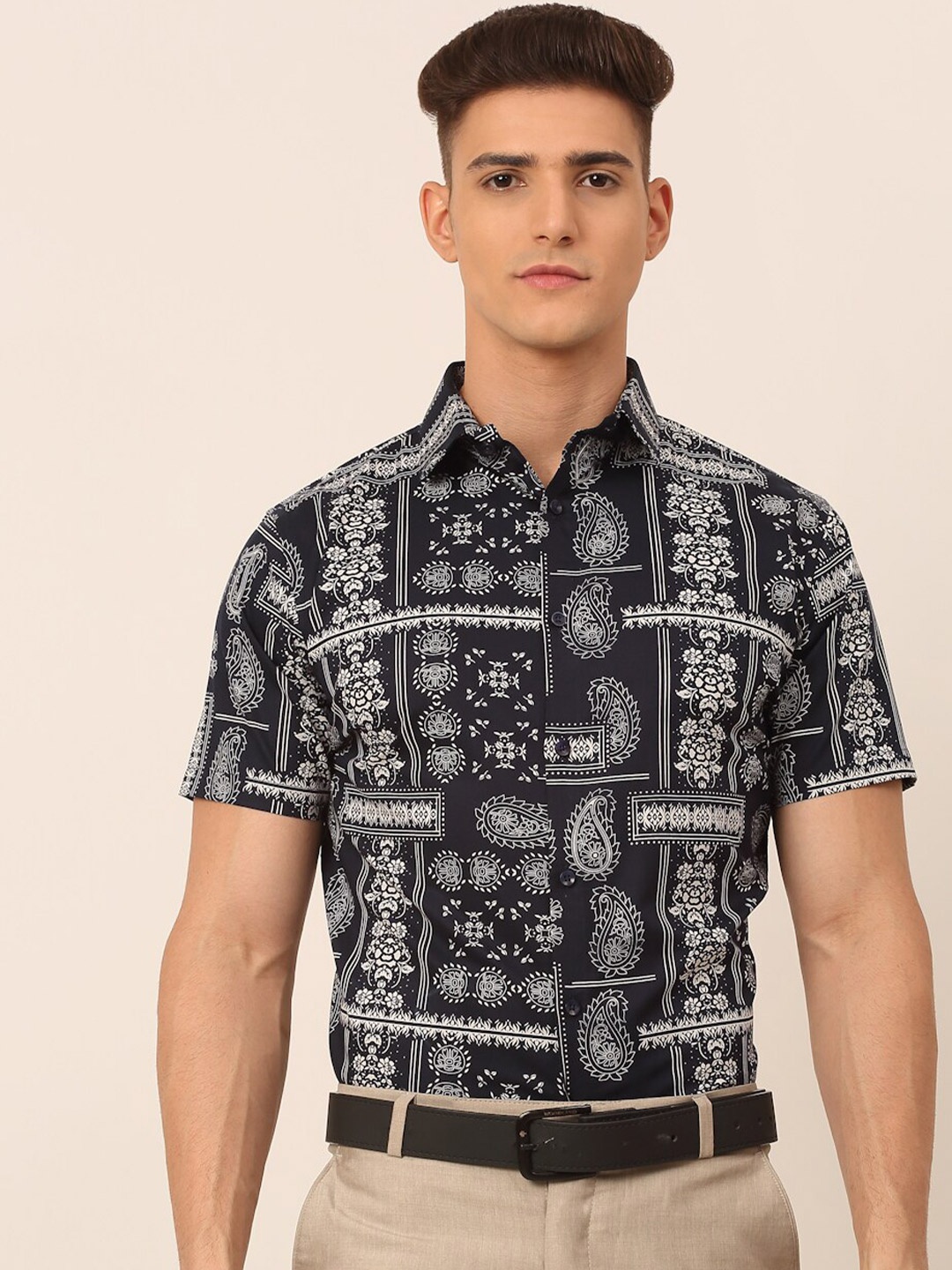 

JAINISH Men Navy Blue Classic Printed Pure Cotton Formal Shirt
