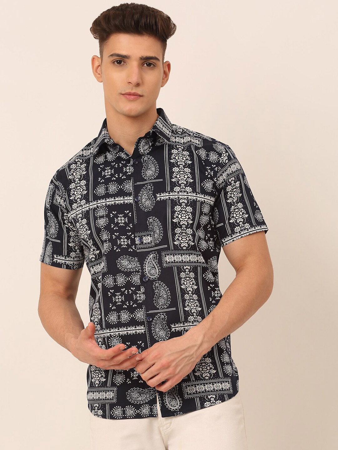 

JAINISH Men Navy Blue Classic Printed 100%Cotton Casual Shirt