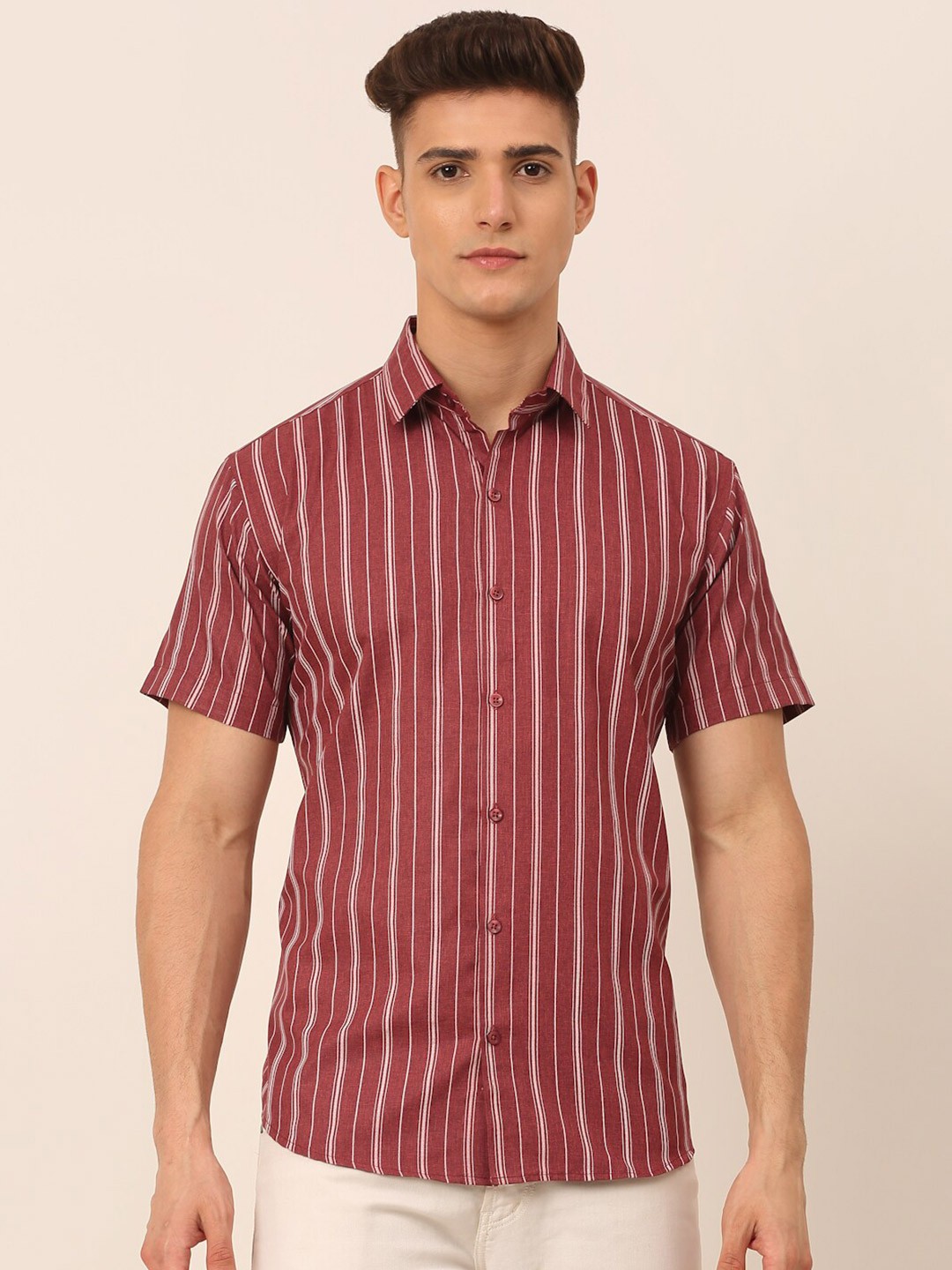 

JAINISH Men Maroon Classic Regular Fit Striped Casual Shirt