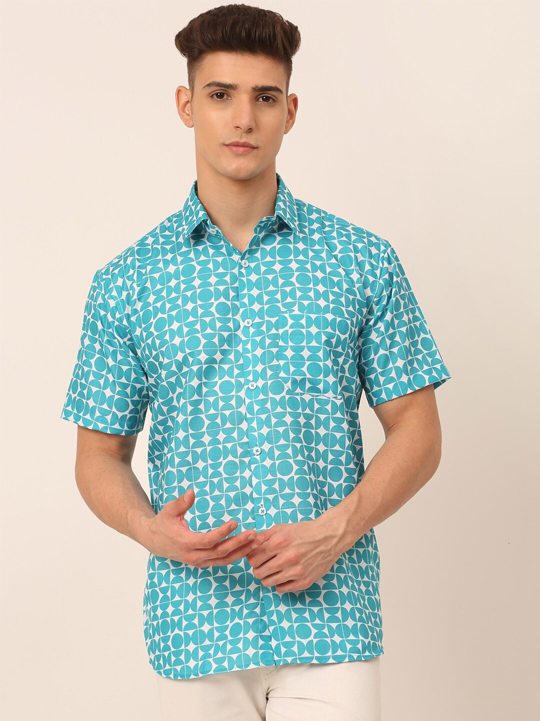 

JAINISH Men Turquoise Blue Classic Floral Printed 100%Cotton Casual Shirt