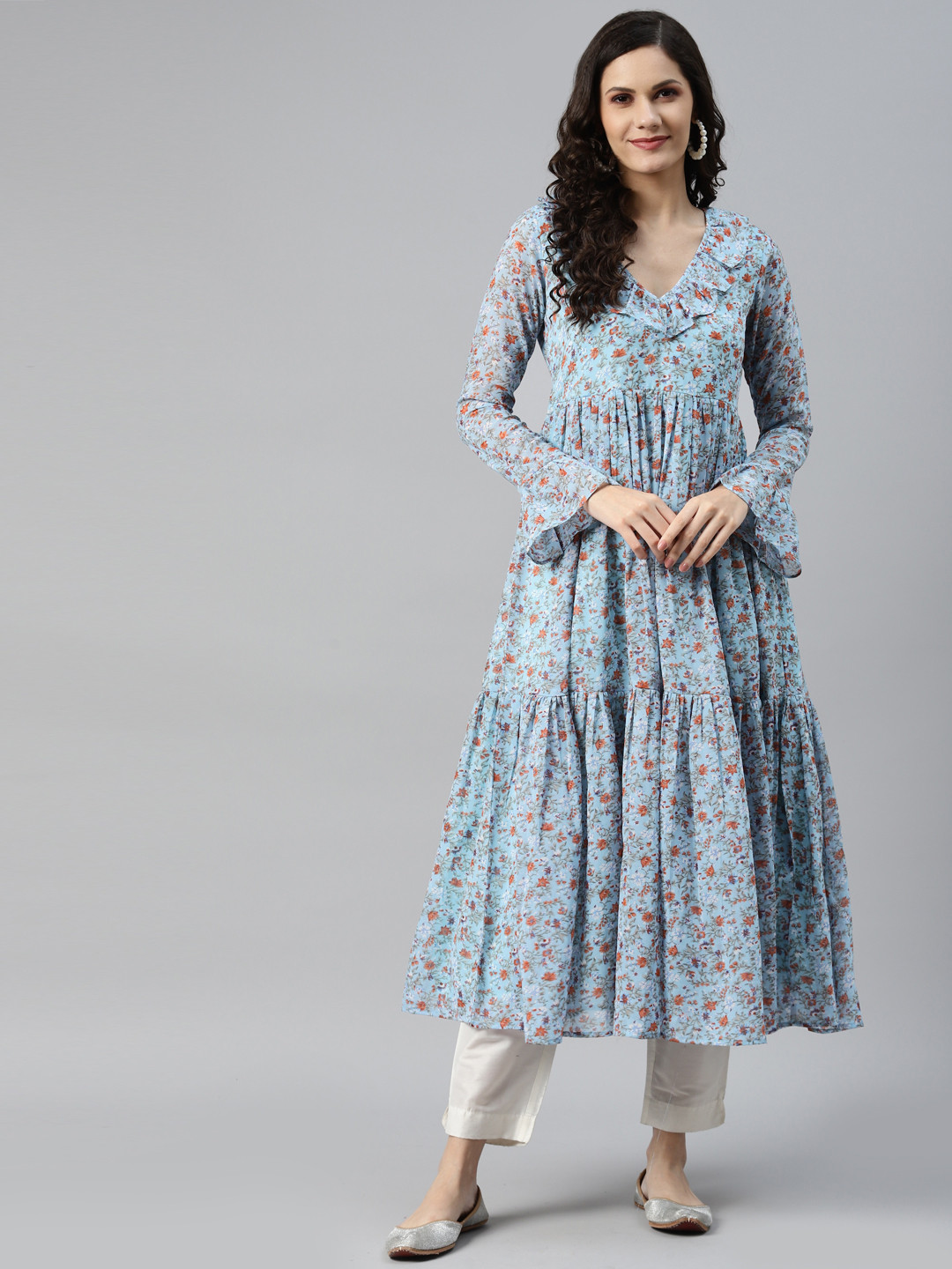 

MBE Women Blue Floral Printed Bell Sleeves Floral Georgette Anarkali Kurta
