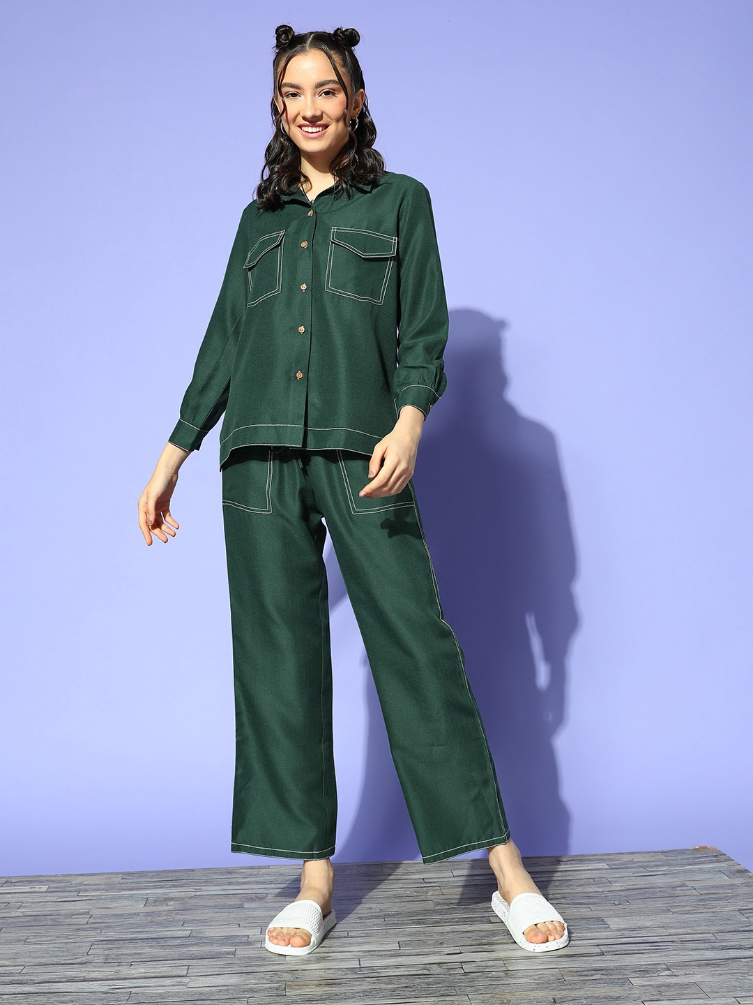

Bannos Swagger Women Solid Workleisure Co-ords Set, Green