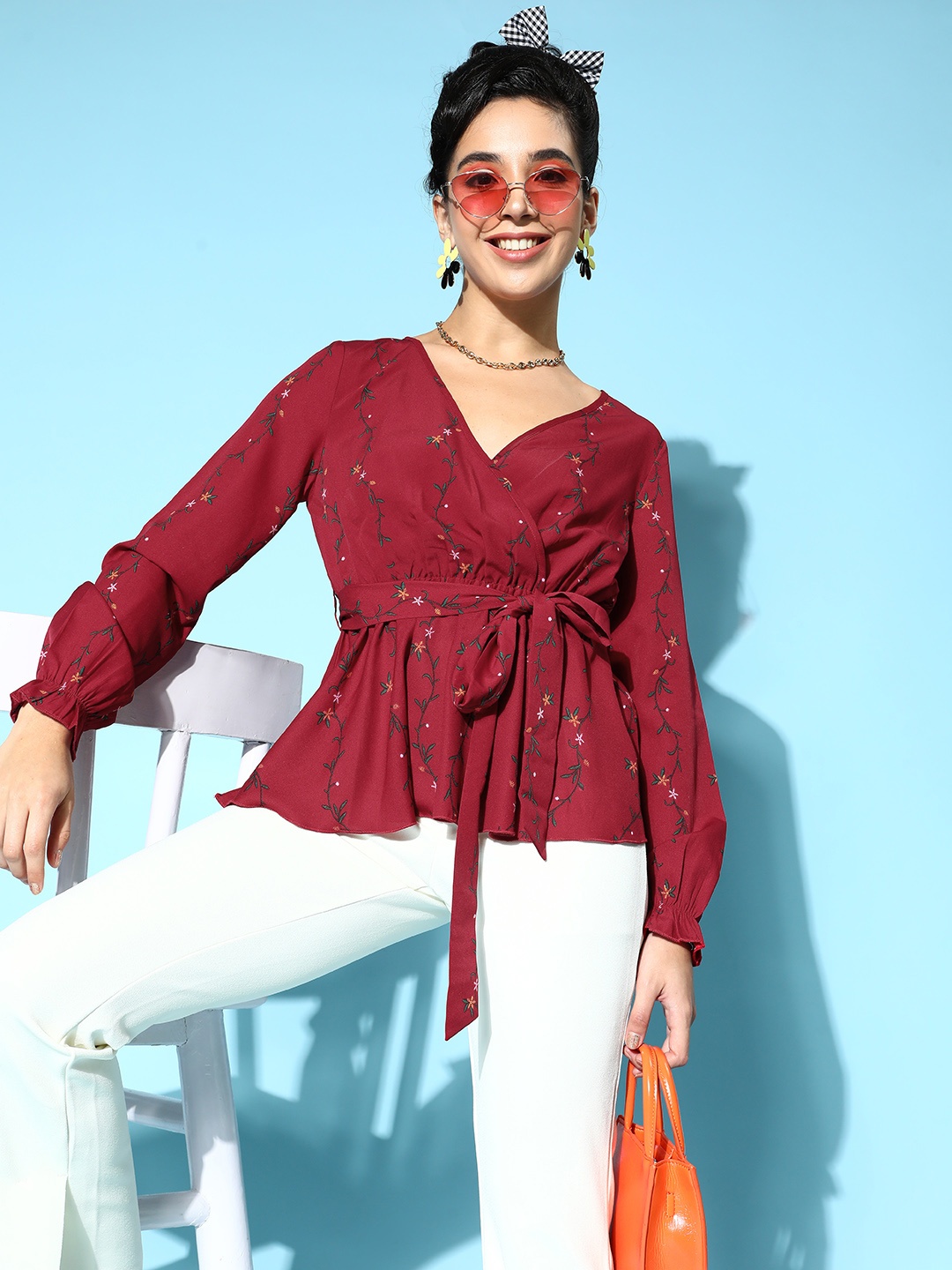 

Berrylush Maroon Floral Twist & Knot Top