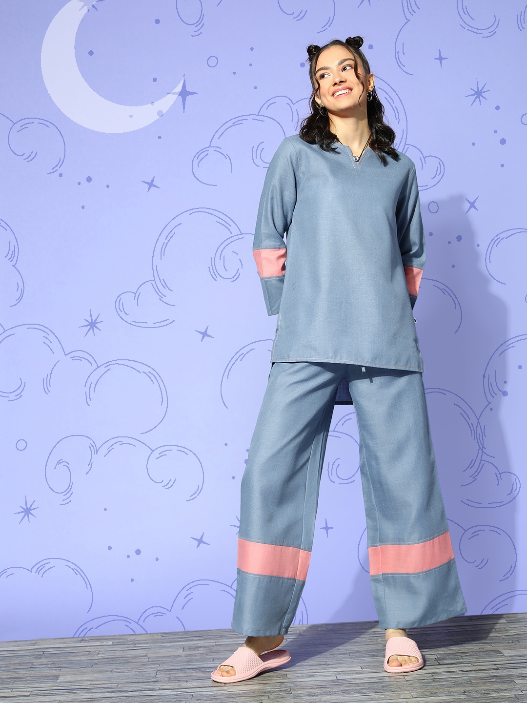 

Bannos Swagger Women Blue Solid Wide Leg Trouser Night Suit