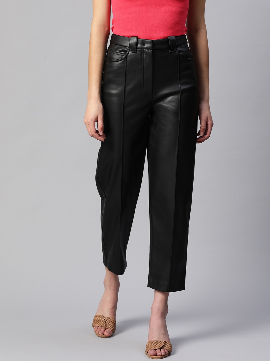 

Marks & Spencer Women Faux Leather Straight Fit High-Rise Trousers, Black