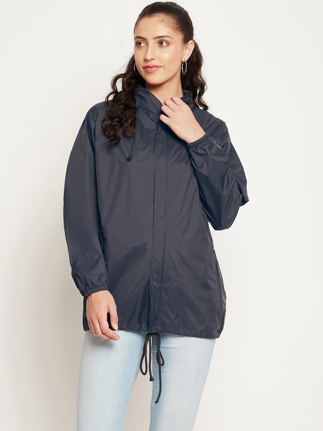 

Okane Women Navy Blue Windcheater and Water Resistant Longline Tailored Jacket