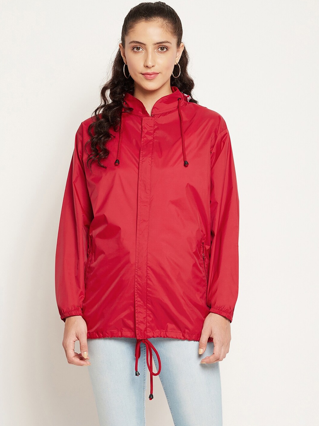 

Okane Women Red Windcheater and Water Resistant Longline Tailored Jacket