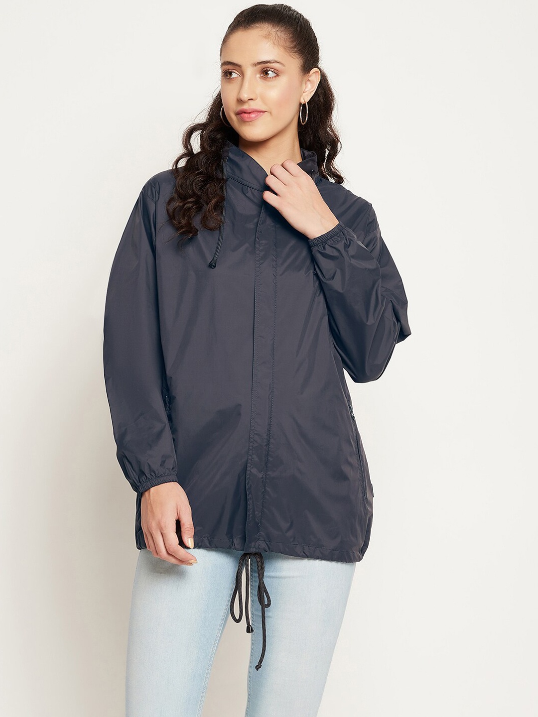 

Okane Women Navy Blue Windcheater and Water Resistant Longline Tailored Jacket