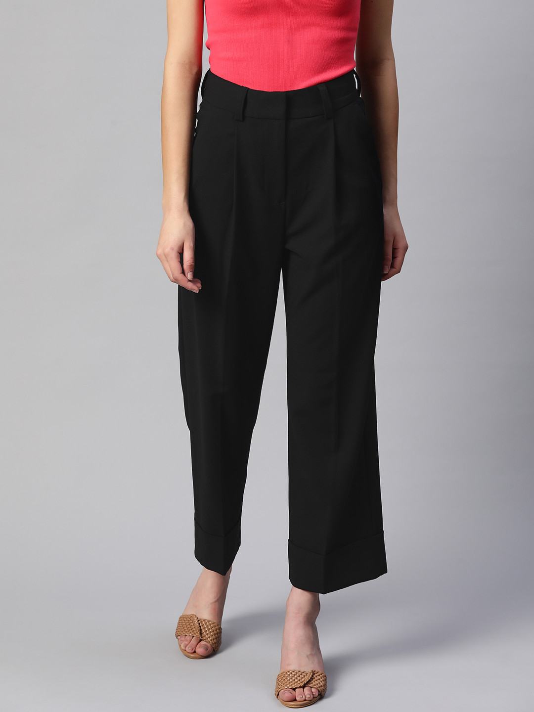 

Marks & Spencer Women Black Pleated Straight Fit Trousers