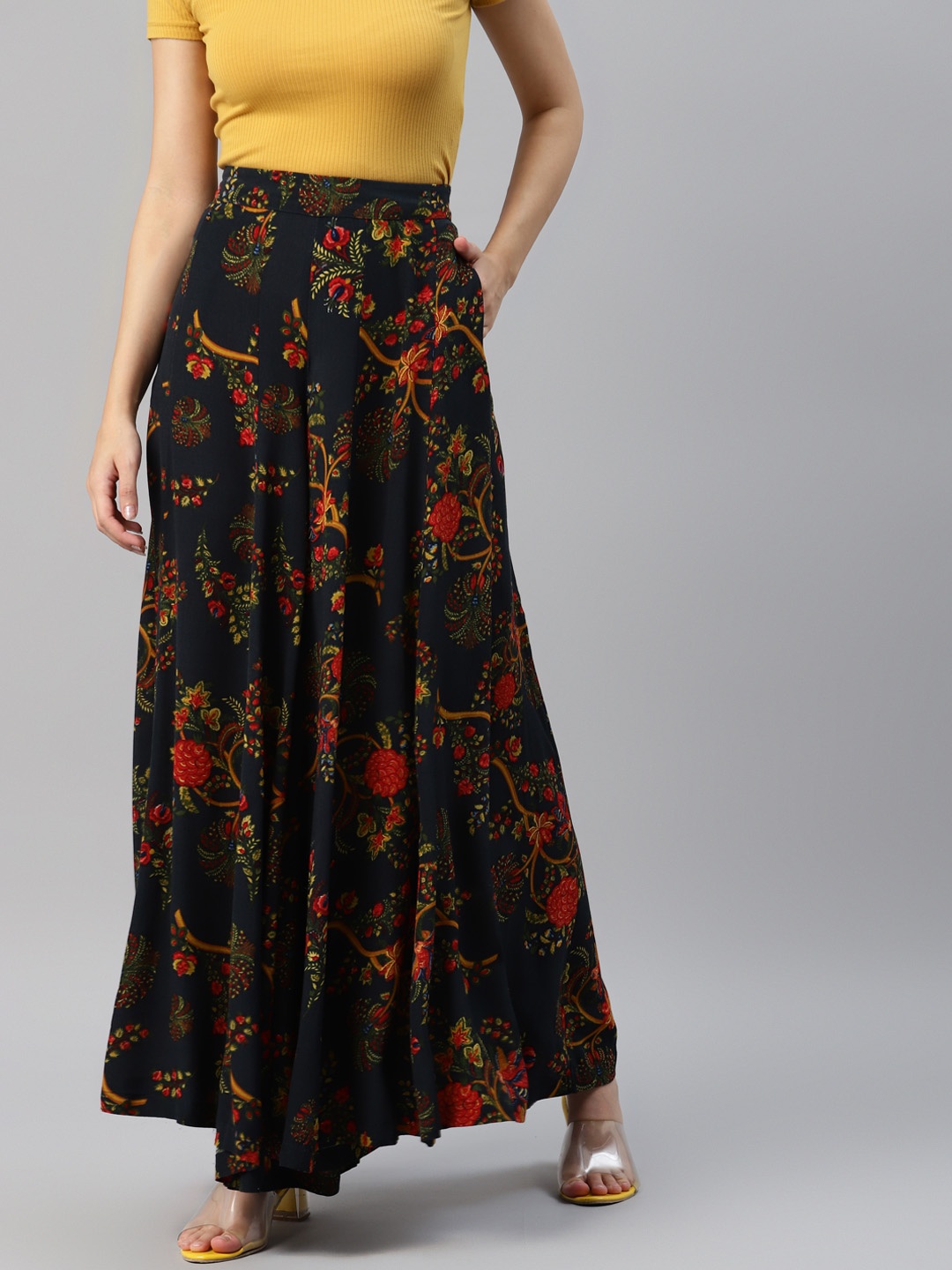 

Marks & Spencer Women Navy Blue & Red Floral Printed Flared Palazzos