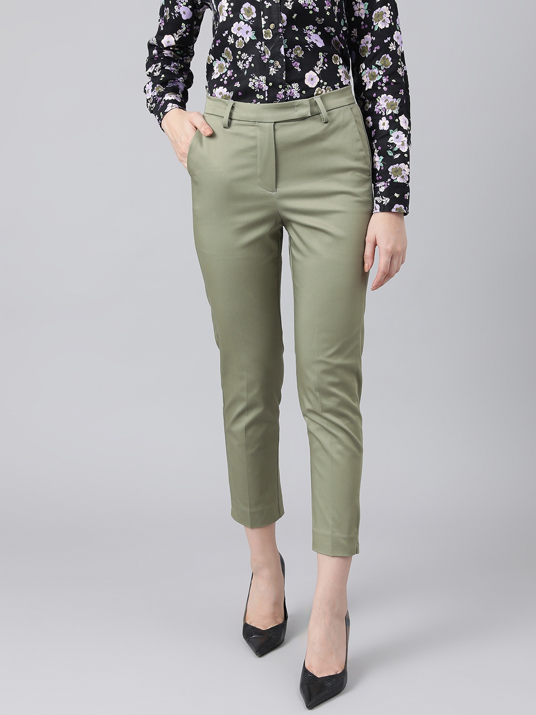 

Marks & Spencer Women Olive Green Solid High-Rise Cigarette Trousers