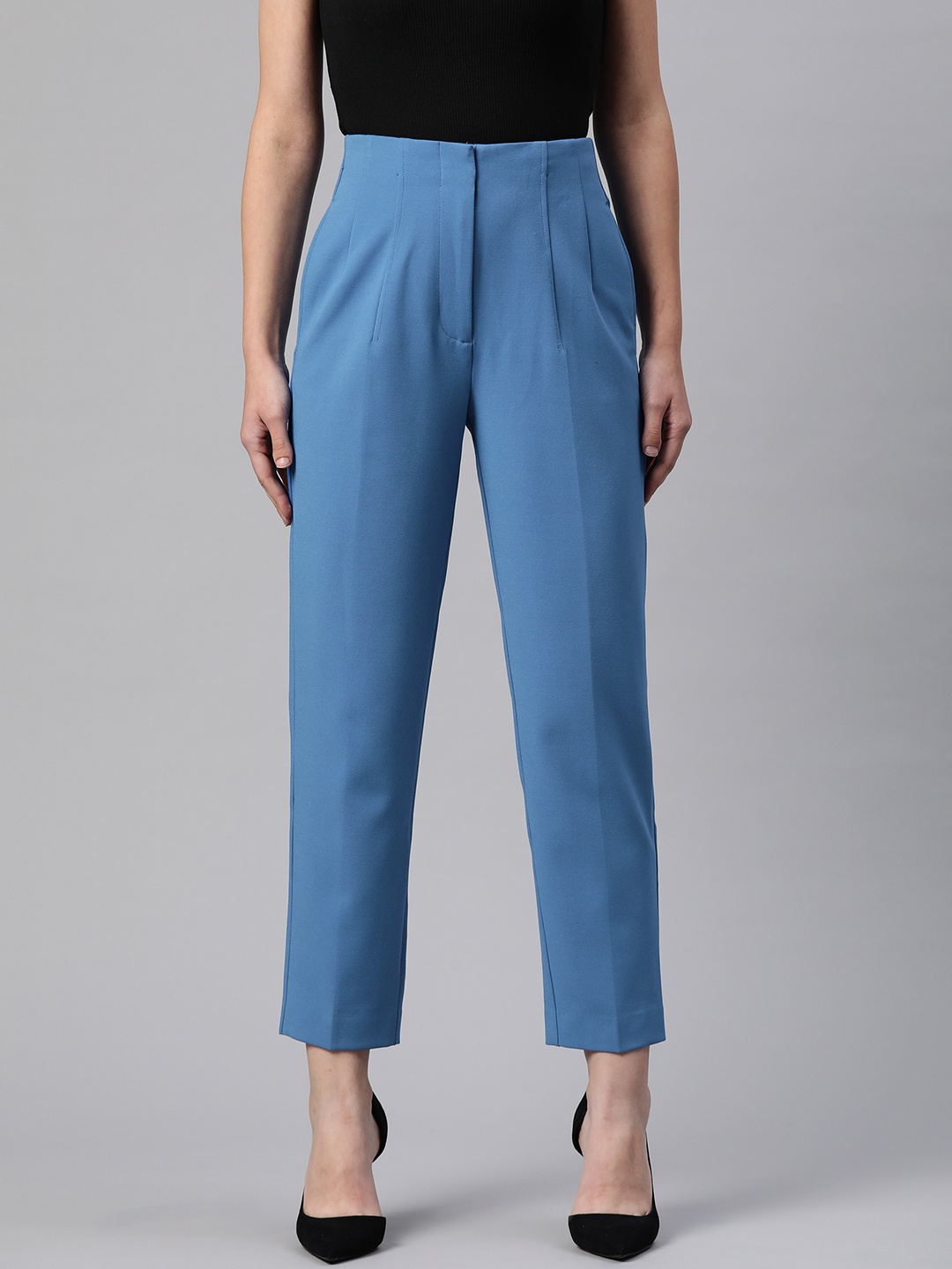 

Marks & Spencer Women Blue Solid High-Rise Tapered Fit Trousers