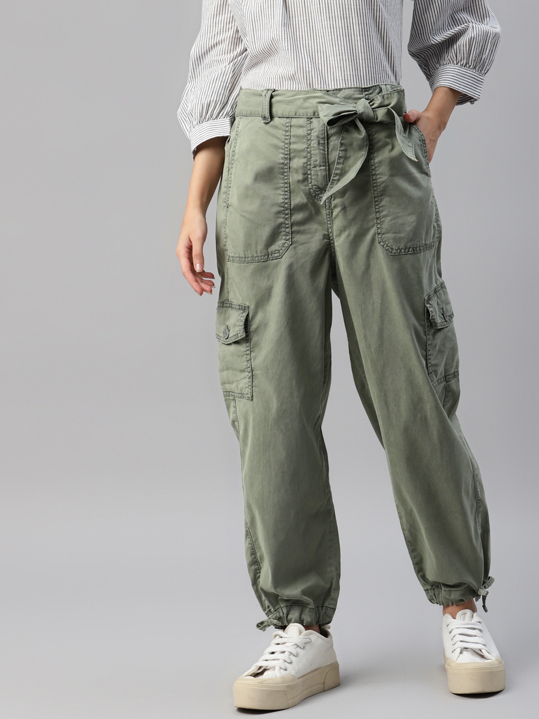 

Marks & Spencer Women Green Solid High-Rise Cargos Trousers