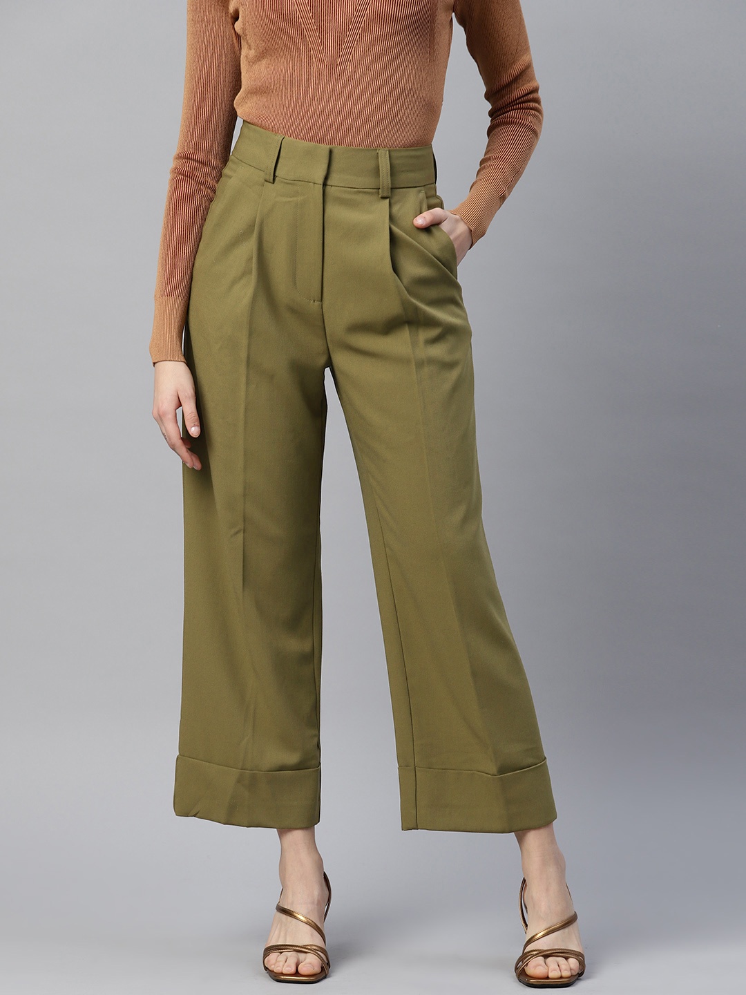 

Marks & Spencer Women High-Rise Straight Leg Pleated Trousers, Olive