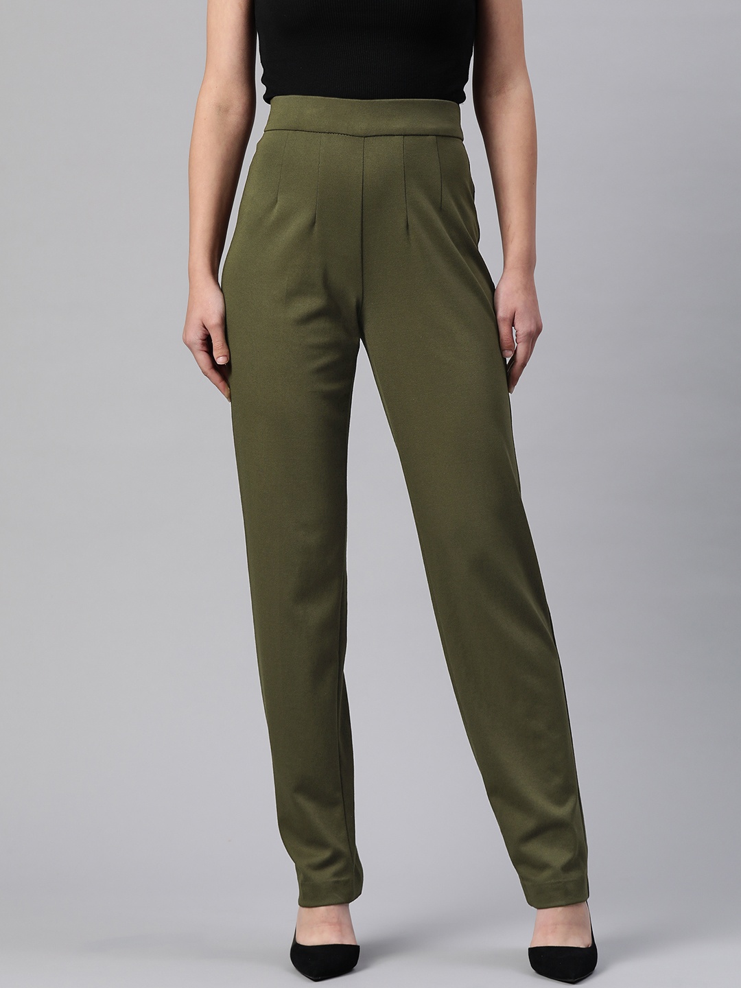 

Marks & Spencer Women Olive Green Solid High-Rise Straight Trousers