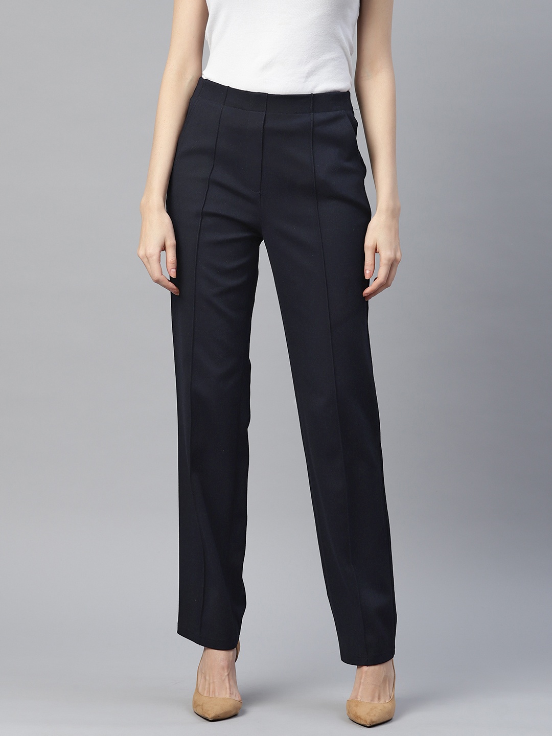 

Marks & Spencer Women High-Waist Straight Fit Treggings, Navy blue