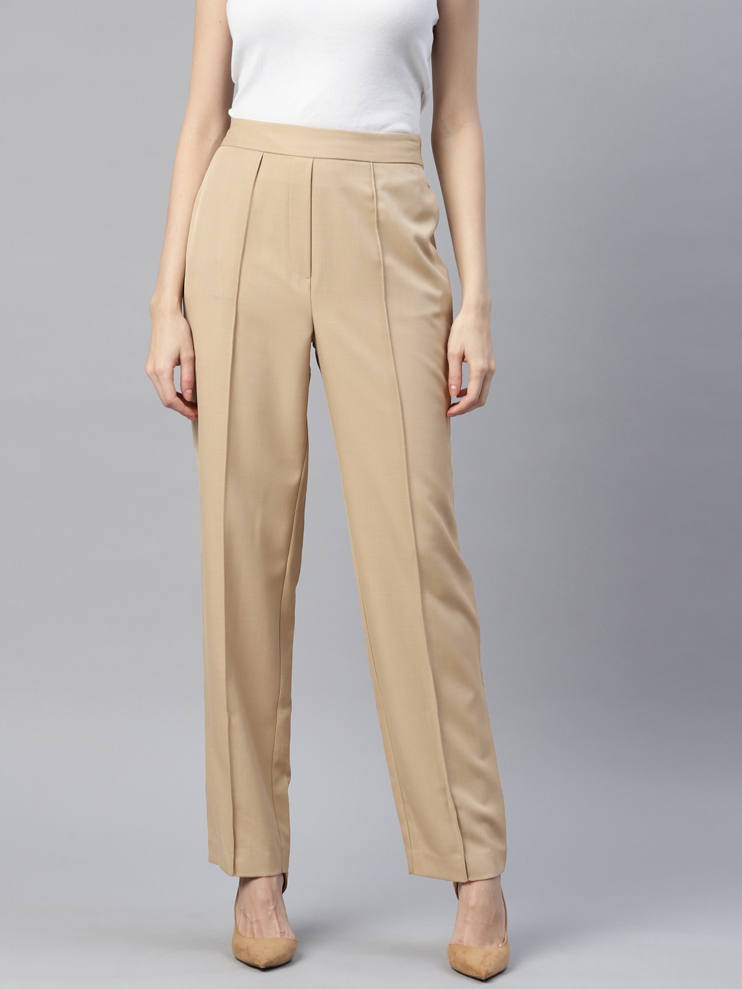 

Marks & Spencer Women High-Waist Straight Fit Treggings, Beige