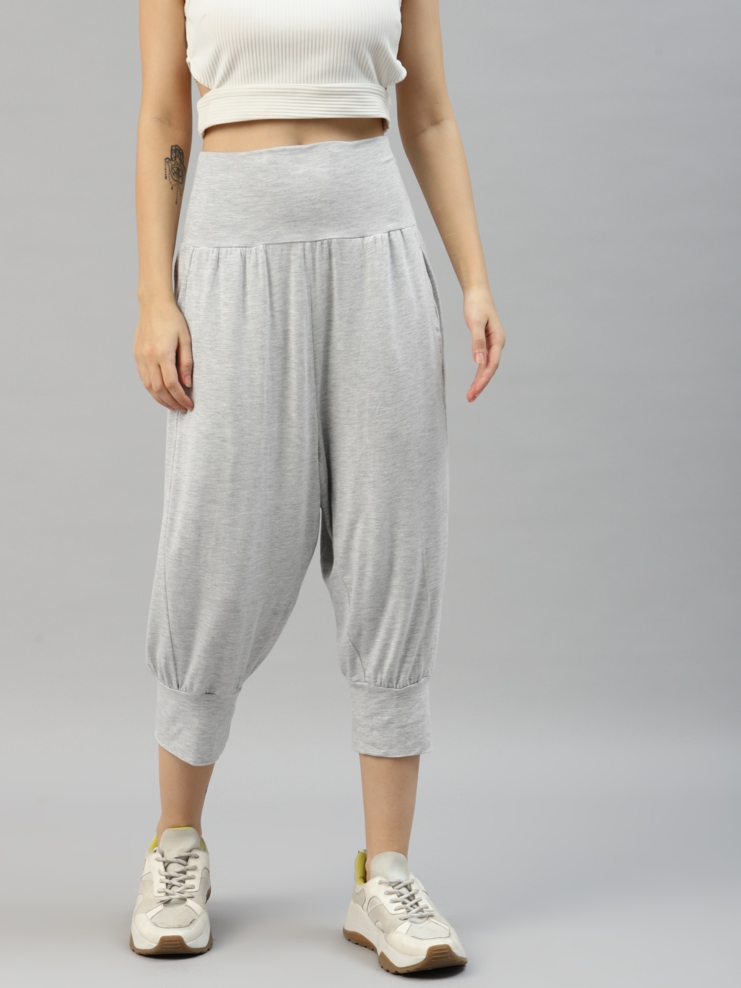 

Marks & Spencer Women Grey Melange High-Rise Pleated Yoga Trousers