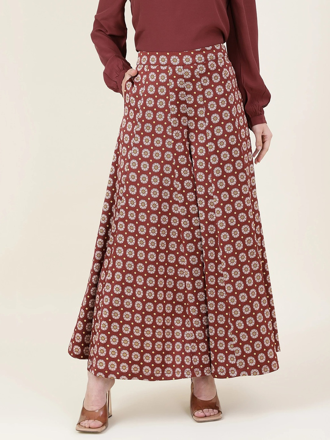 

Marks & Spencer Women Maroon Floral Printed Pleated Flared Fit Trousers
