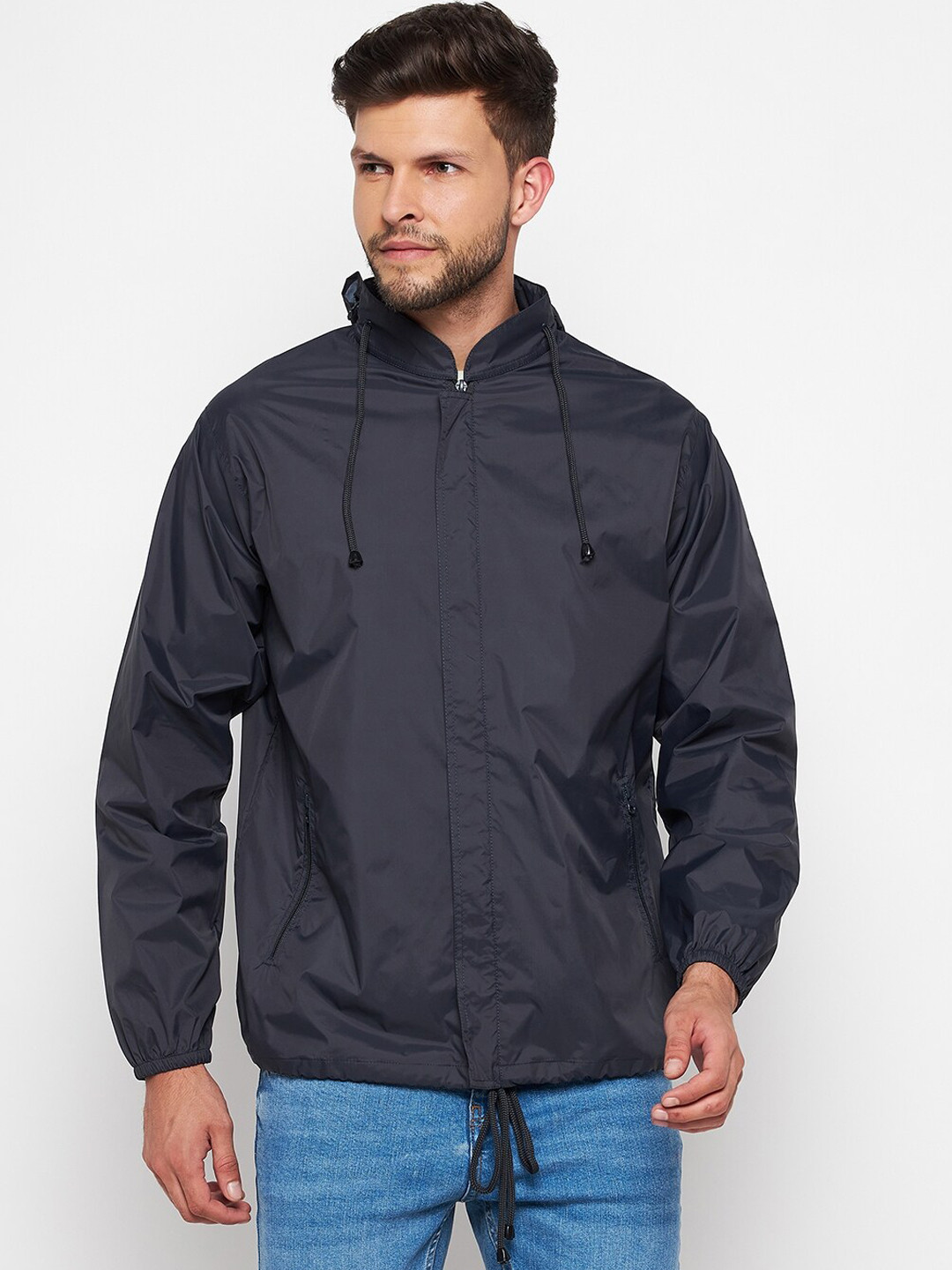 

Okane Men Navy Blue Windcheater and Water Resistant Hooded Sporty Jacket