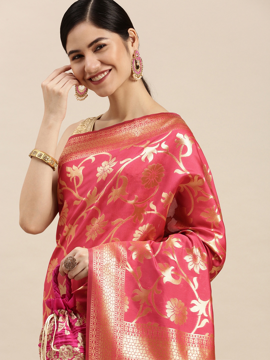 

Hinayat Fashion Pink Ethnic Motifs Zari Silk Blend Banarasi Saree