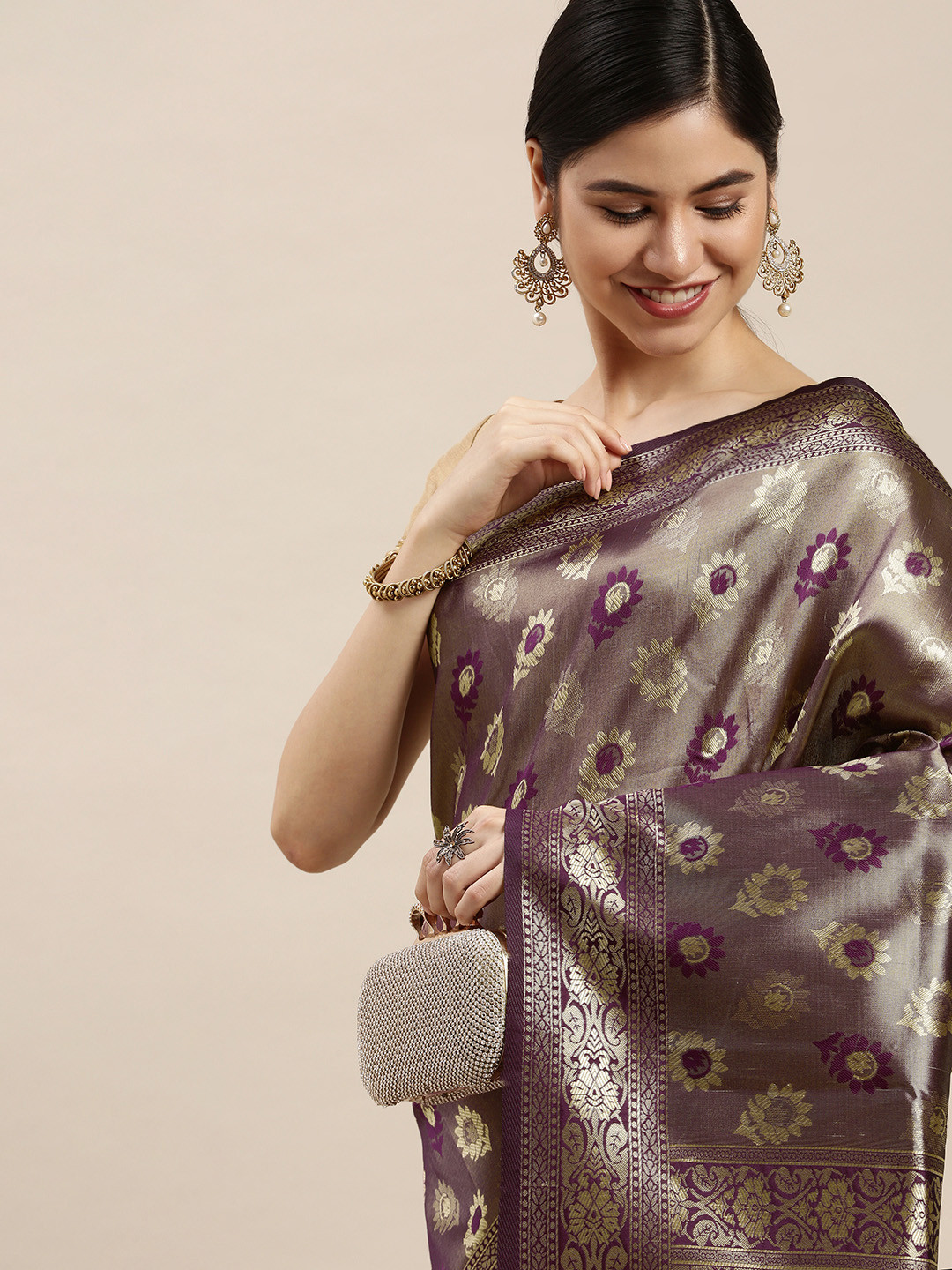 

Hinayat Fashion Purple Ethnic Motifs Zari Silk Blend Banarasi Saree