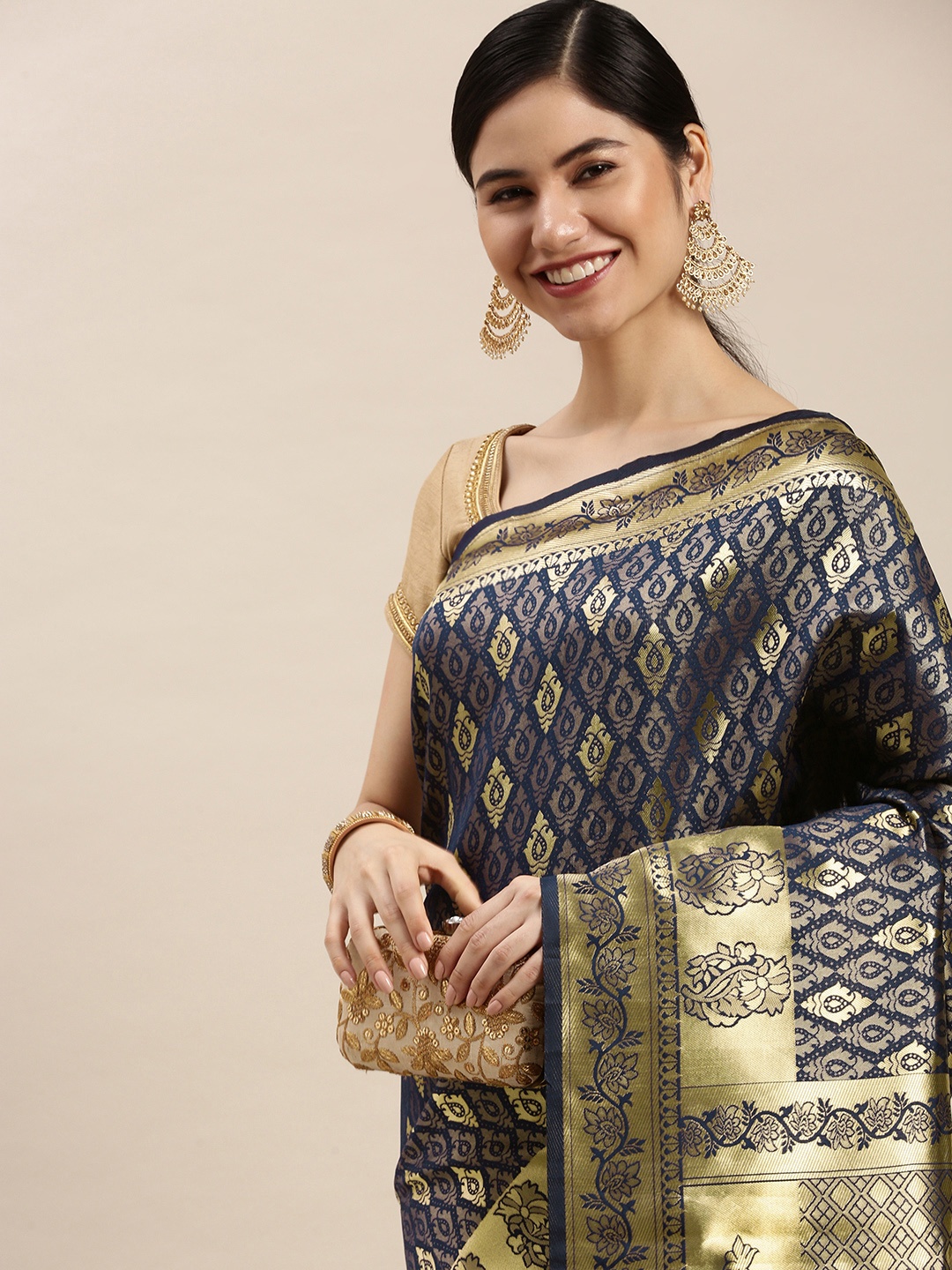 

Hinayat Fashion Navy Blue Ethnic Motifs Zari Silk Blend Banarasi Saree