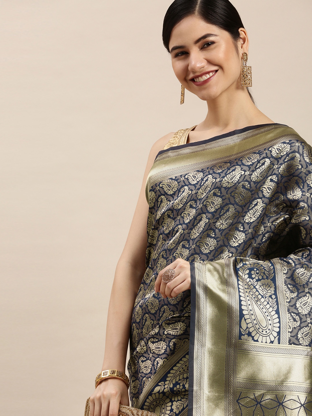 

Hinayat Fashion Navy Blue & Golden Woven Design Zari Saree