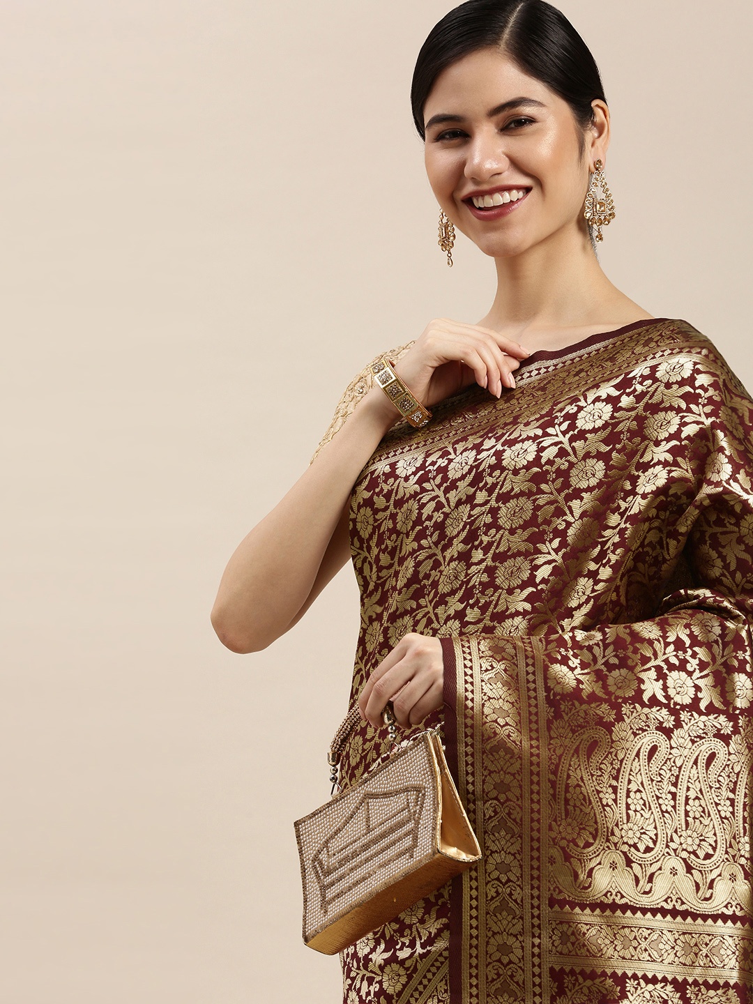 

Hinayat Fashion Maroon & Golden Woven Design Zari Saree