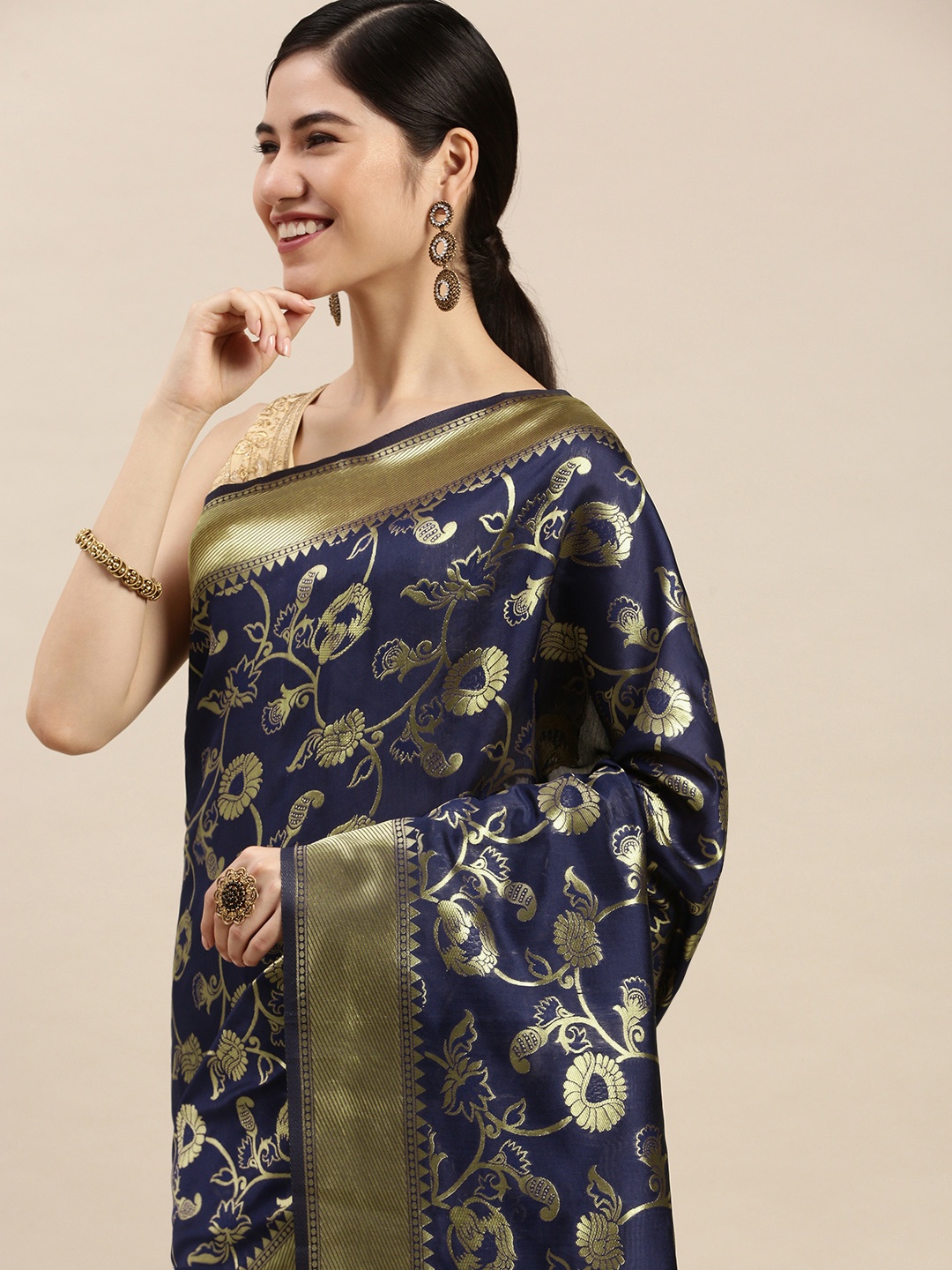 

Hinayat Fashion Navy Blue Ethnic Motifs Zari Silk Blend Banarasi Saree