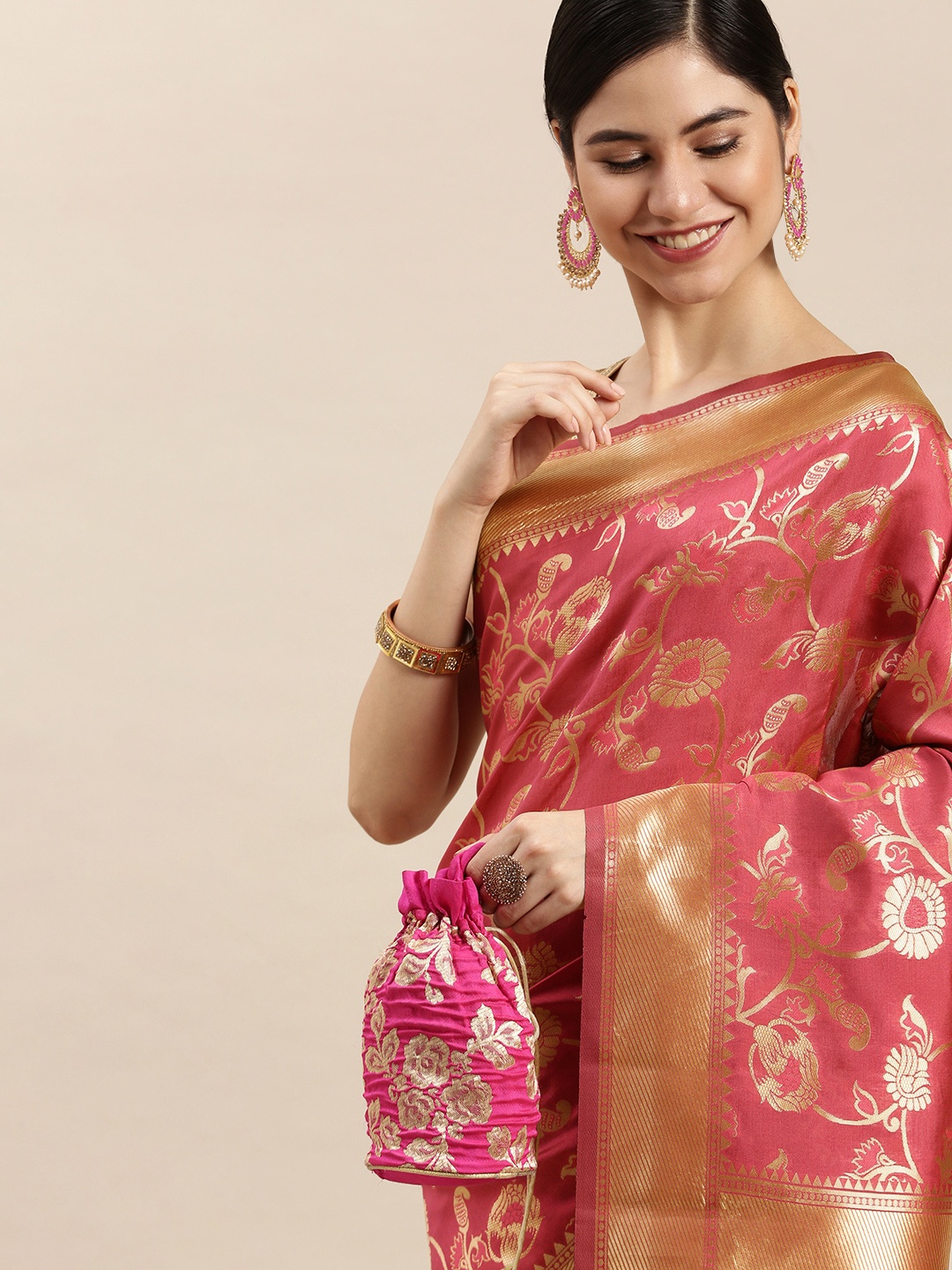 

Hinayat Fashion Pink Ethnic Motifs Zari Silk Blend Banarasi Saree