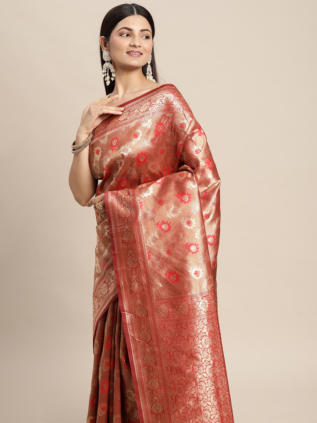 

Hinayat Fashion Red Ethnic Motifs Zari Silk Blend Banarasi Saree