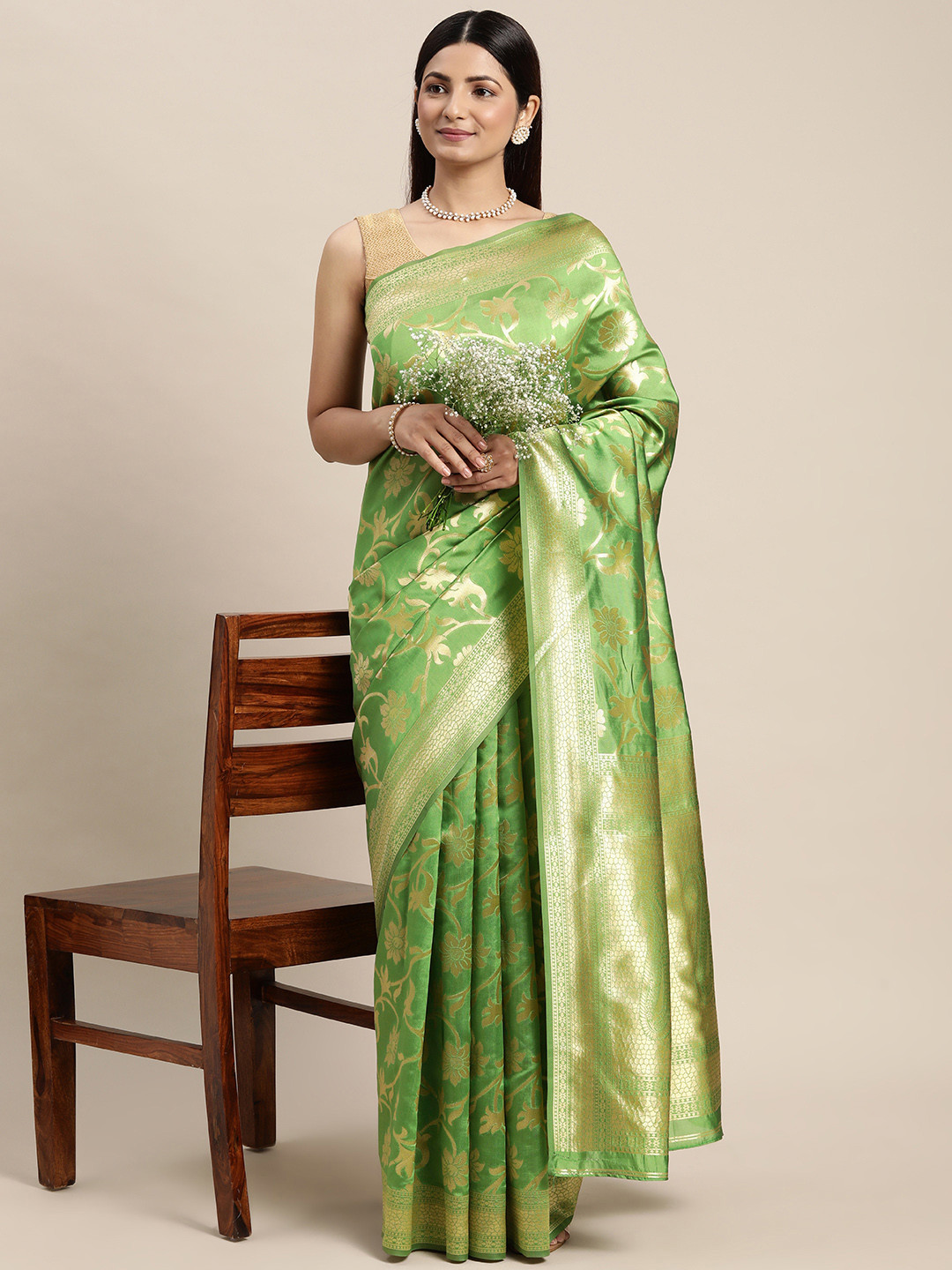 

Hinayat Fashion Lime Green Ethnic Motifs Zari Silk Blend Banarasi Saree