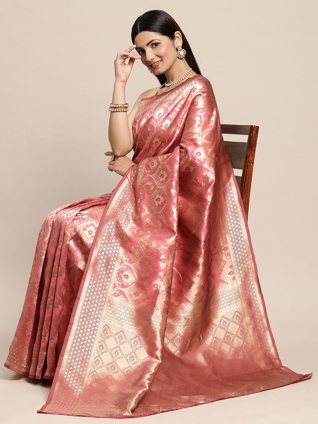 

Hinayat Fashion Pink Ethnic Motifs Zari Silk Blend Banarasi Saree