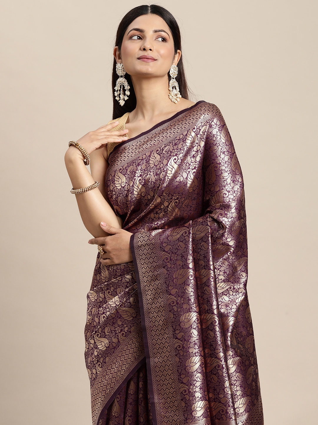 

Hinayat Fashion Purple Ethnic Motifs Zari Silk Blend Banarasi Saree
