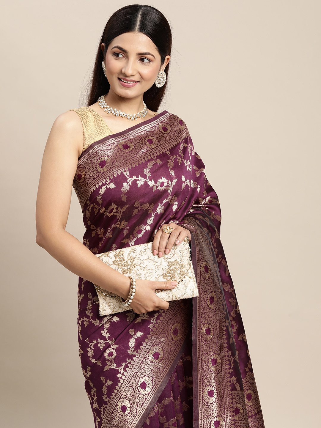 

Hinayat Fashion Purple Ethnic Motifs Zari Silk Blend Banarasi Saree