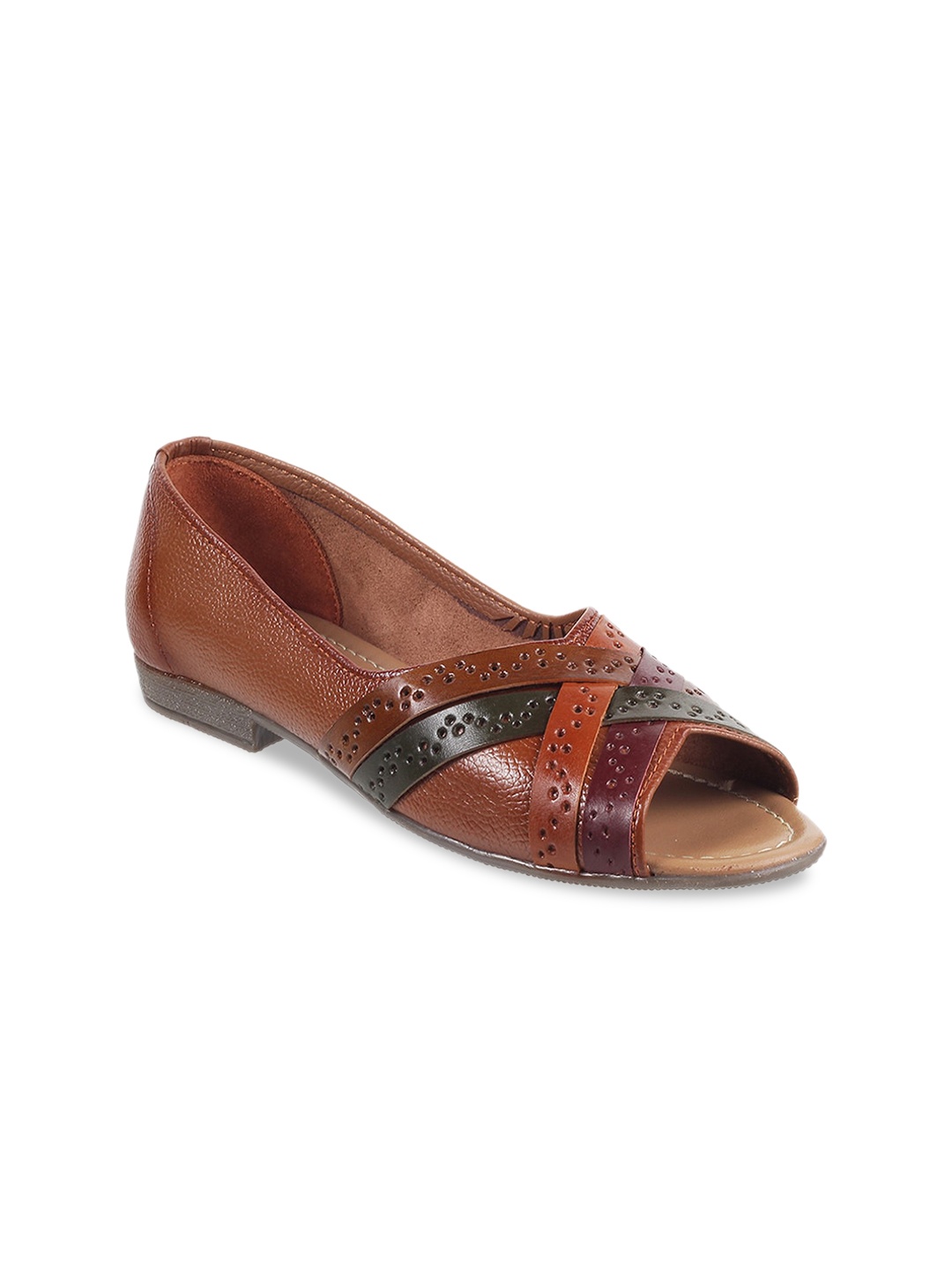 

WALKWAY by Metro Women Tan Textured Peep Toe Laser Cuts Flats