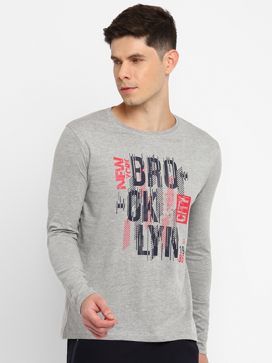 

appulse Men Grey Melange Typography Printed Cotton T-shirt