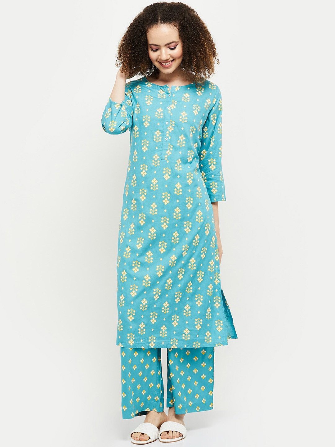 

max Women Blue Floral Printed Kurta with Palazzos