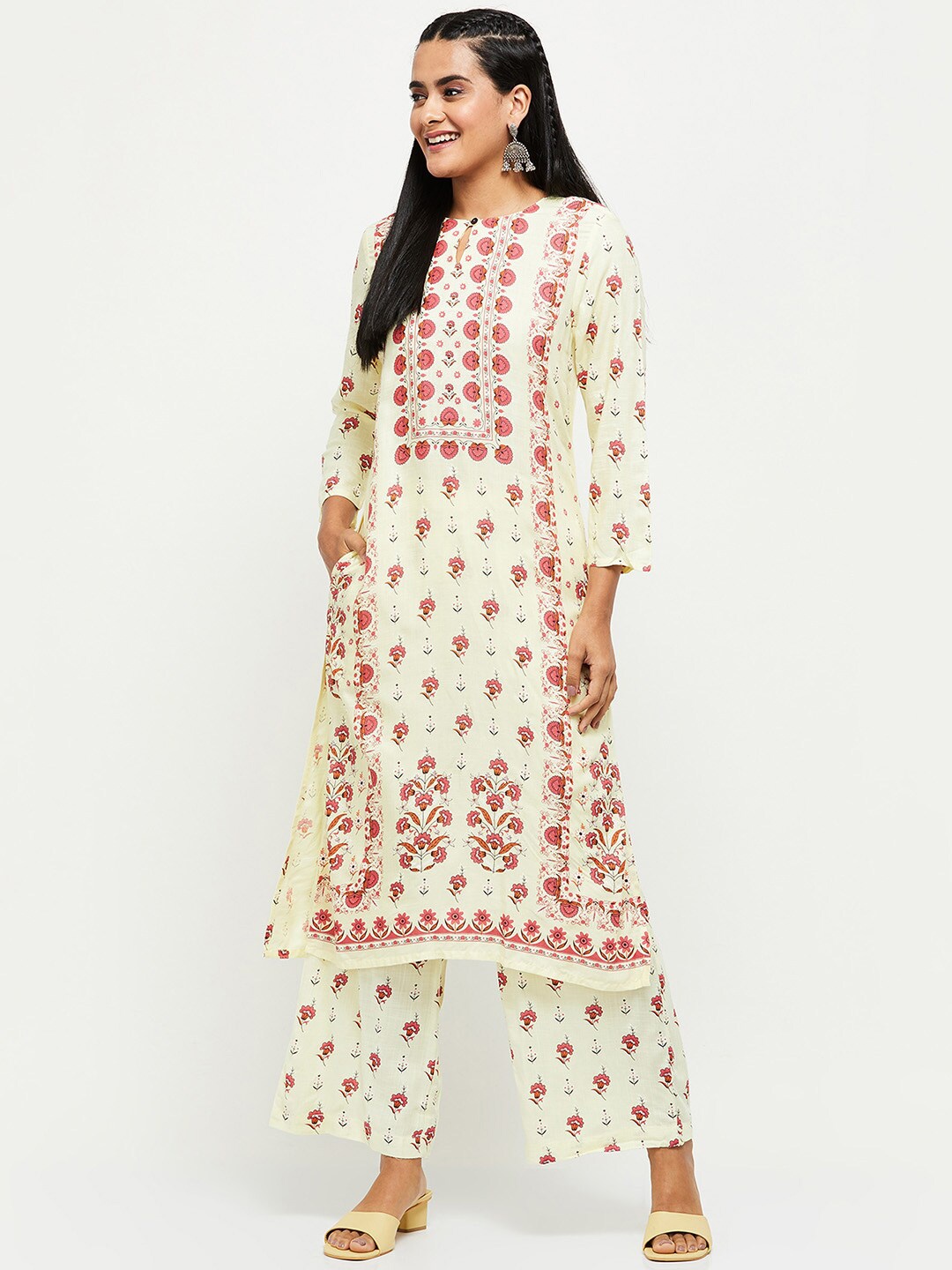 

max Women Mustard Yellow Floral Printed Kurta with Palazzos