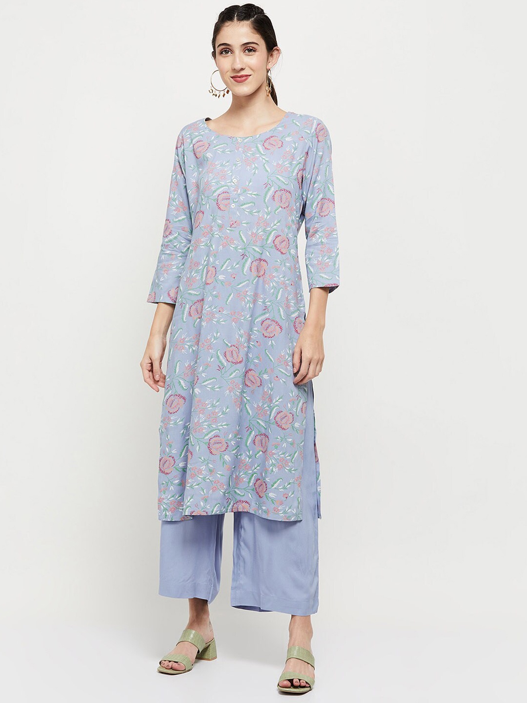 

max Women Blue Floral Embroidered Pure Cotton Kurta with Palazzos & With Dupatta