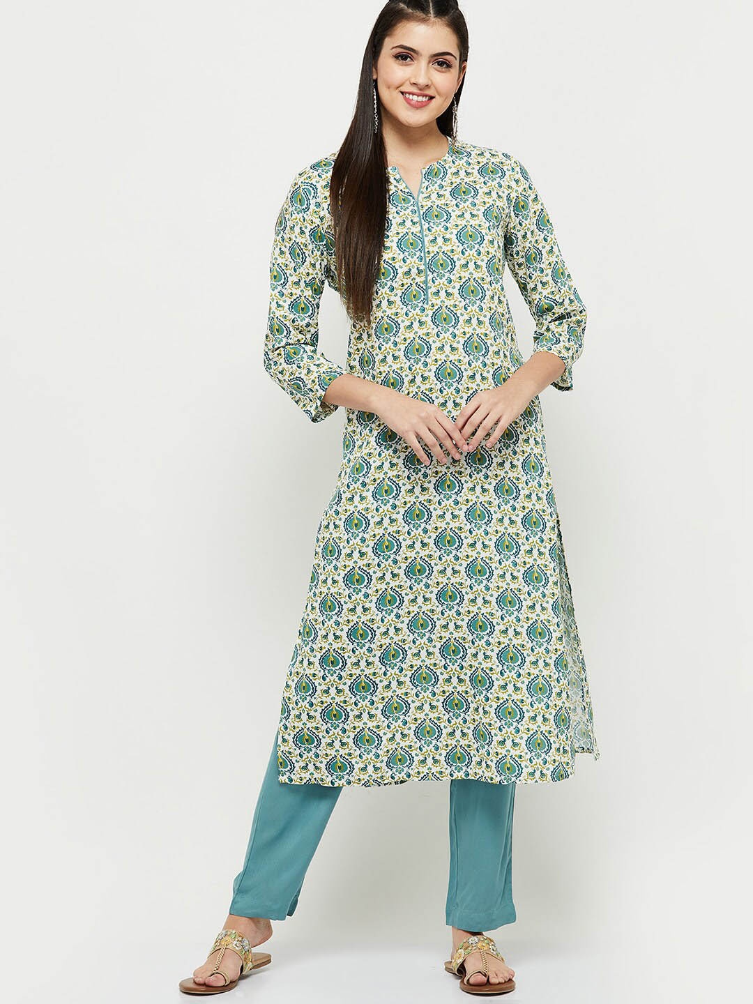 

max Women Green Ethnic Motifs Printed Kurta with Trousers